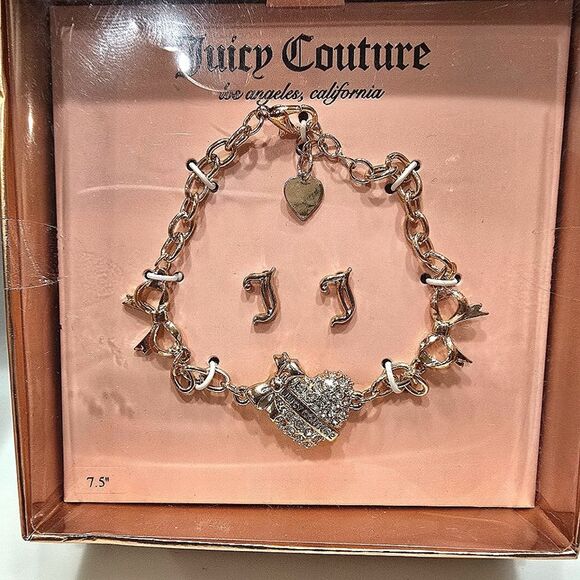 Juicy Couture Rhinestone Heart Bracelet Chain Bracelet & J Logo Earrings - Picture 6 of 7